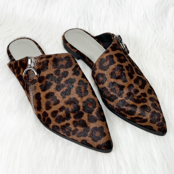 1. State Shoes - 1. State Leopard Calf Hair D’Orsay Zippered Slip On Mule Flats